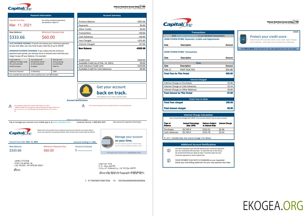 Modèle de relevé bancaire USA Capital One au format Word et PDF (2 pages) version 3